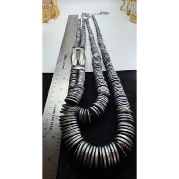 Chicos Chunky Metallic Gray SilverTone Disk Rhinestone Statement LayeredNecklace - Picture 6 of 9